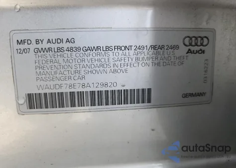 2008 Audi A4 2.0T Quattro z USA, uszkodzony, nr VIN WAUDF78E78A129820